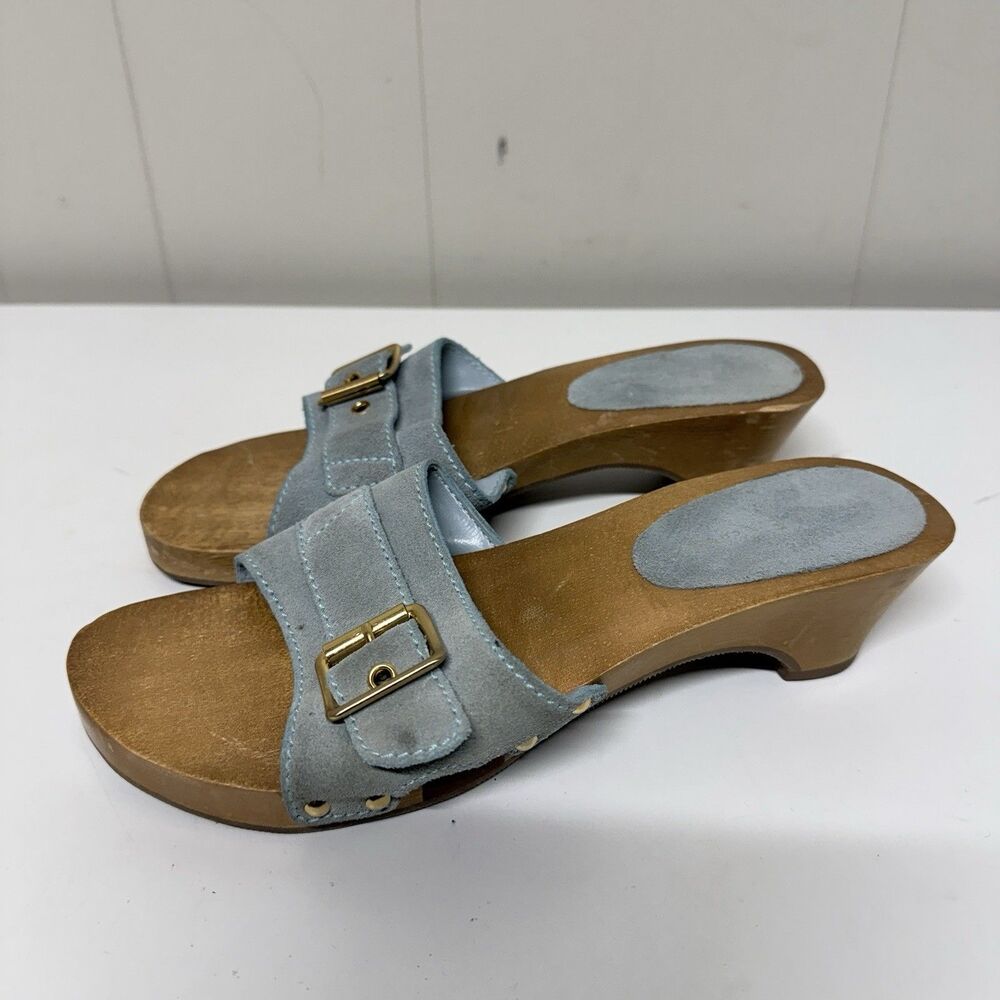 Vtg Nine & Co. NC SASHA Suede Wooden Wedge Sandals Slides Blue Grey 7M Brasil